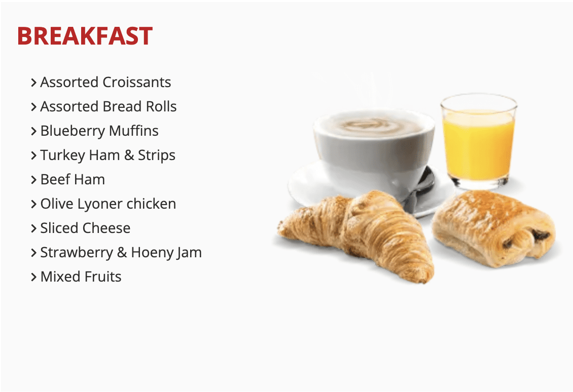 Break Fast Menu For Dubai Marina Yacht Tour with Breakfast or BBQ Dinner